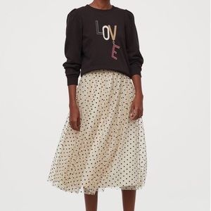 H&M Polka Dot Flock-print Tulle Midi Skirt